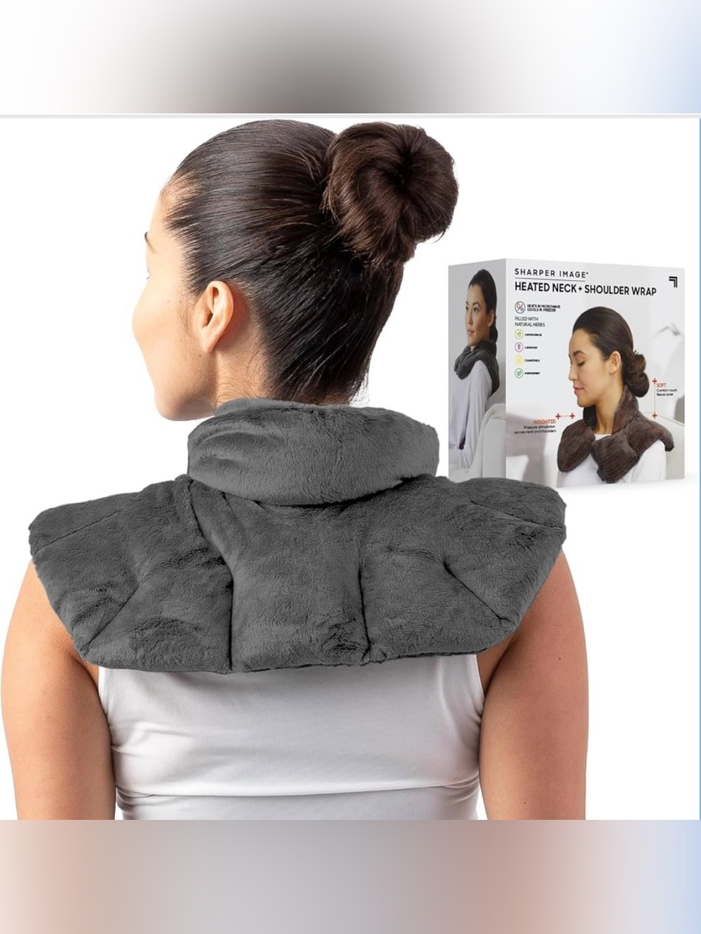 Sharper Image Heated Neck & Shoulder Wrap - Microwavable Warm & Cooling Plush Pa
